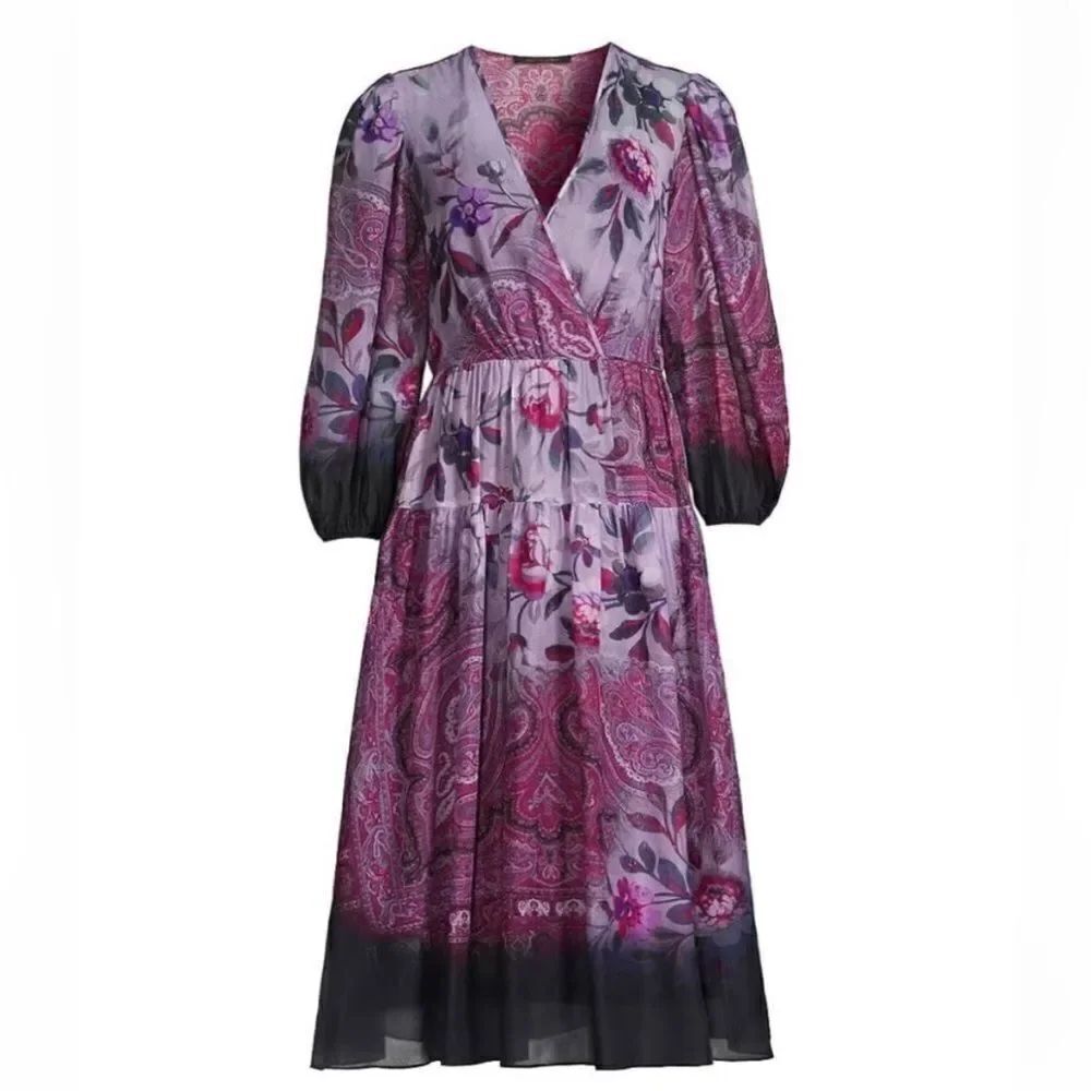KOBI HALPERIN Floral V-Neck Purple cotton Dress, S